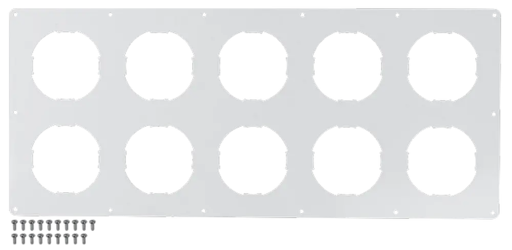 Weißes Montagepanel mit mehreren runden Ausschnitten zur Installation in Luftverteilungssystemen, geeignet für Produkte der Marke Wolf.